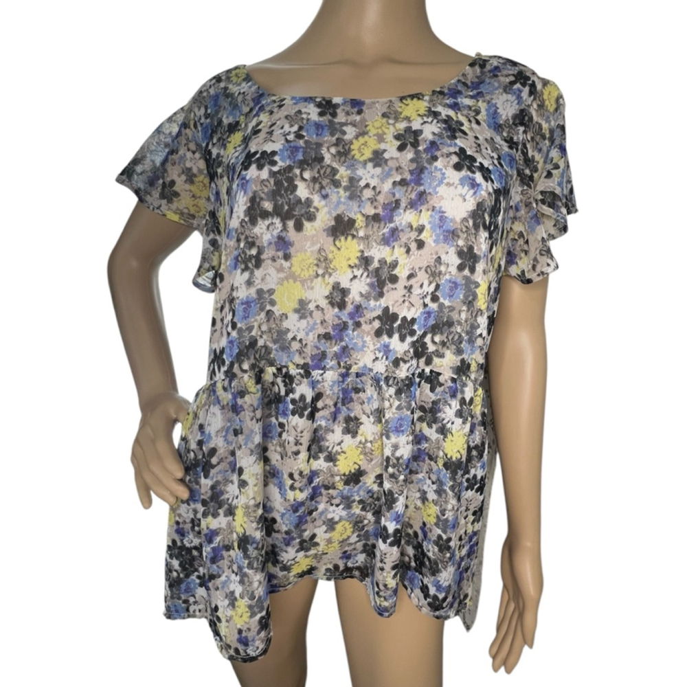 Lucky Brand Floral Print Flutter Sleeve Babydoll Short Sleeve Blouse